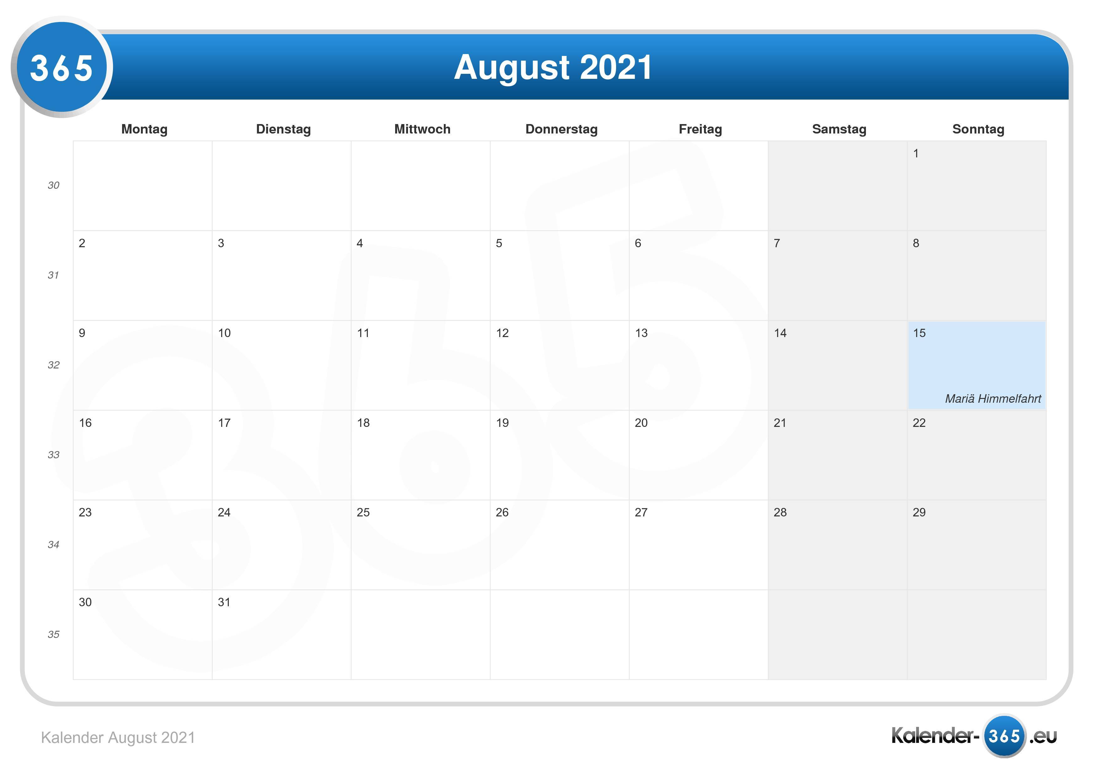 Kalender August 2021